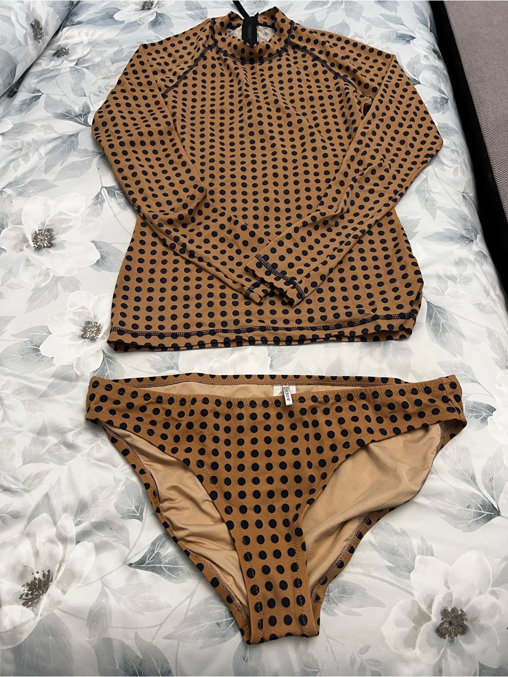 J. Crew Brown and Black Polka Dot Rash Guard Bikini Set